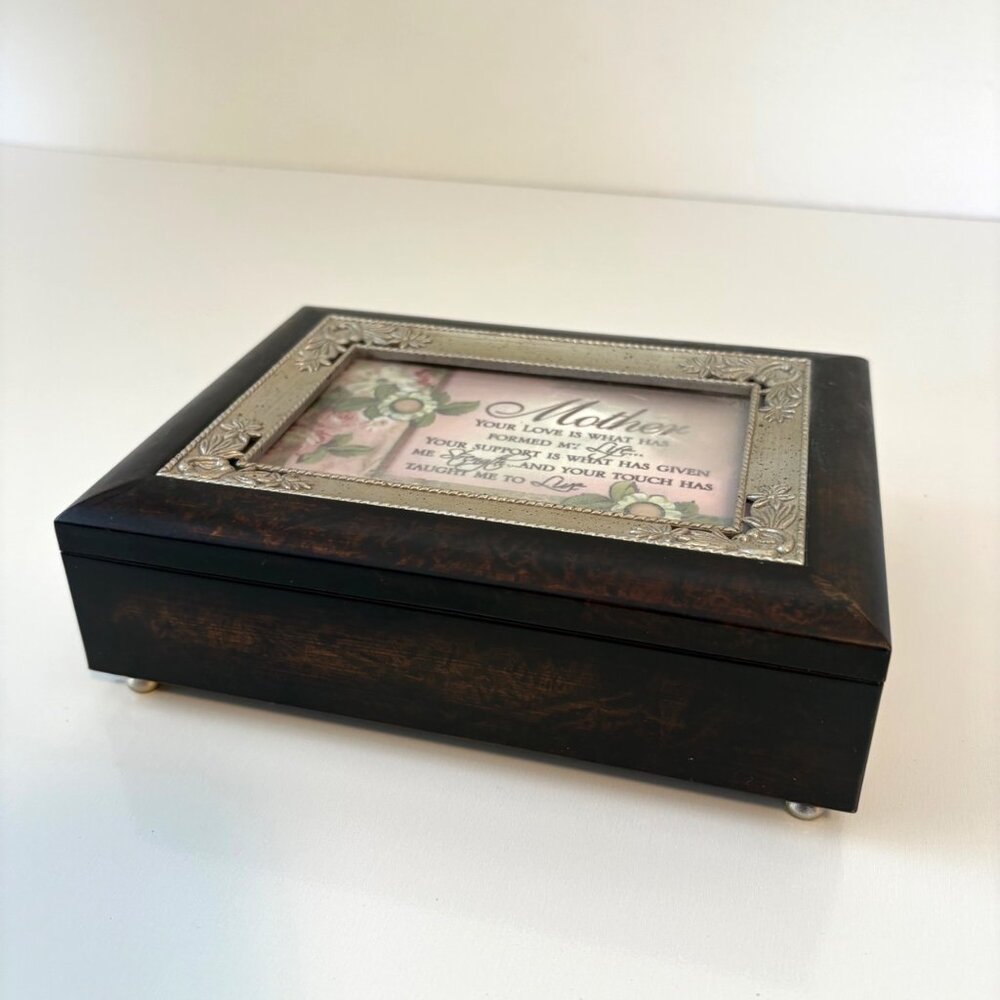 Wood & Metal Music Box Jewelry Sankyo ‘Wind Beneath My Wings’ Photo Slot Velvet‎